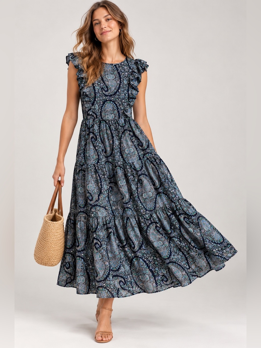 J.Crew 4 S Navy Paisley Floral Ruffle Fairy Tiered Maxi Dress Cottagecore Flowy